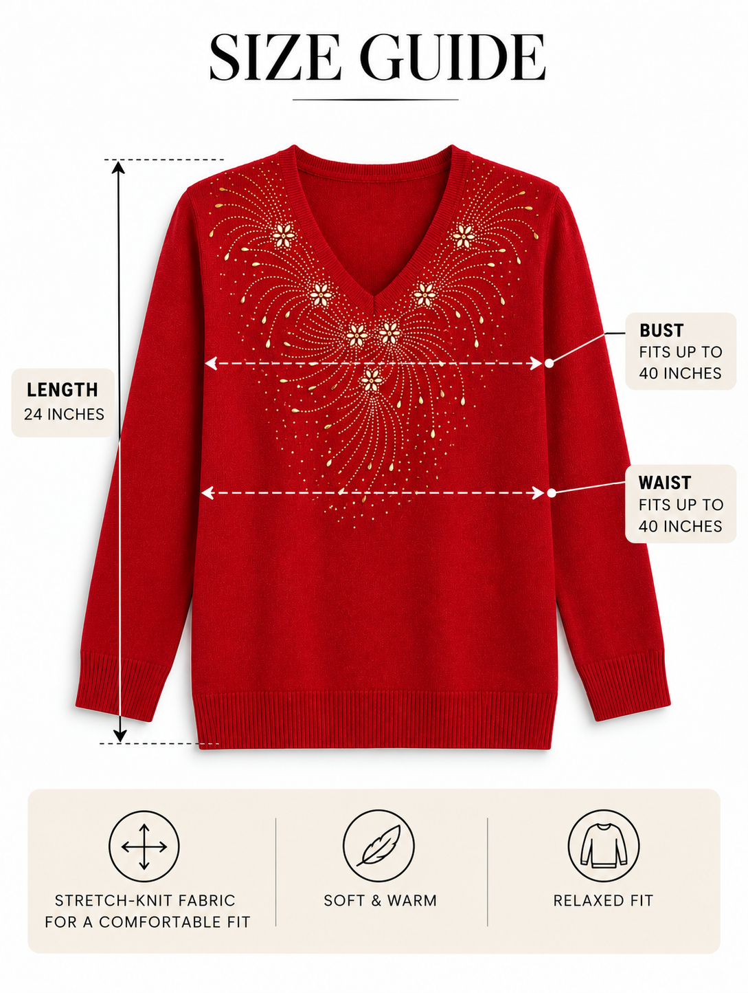 Free size knit top with its length, bust and waist measurements marked in inches