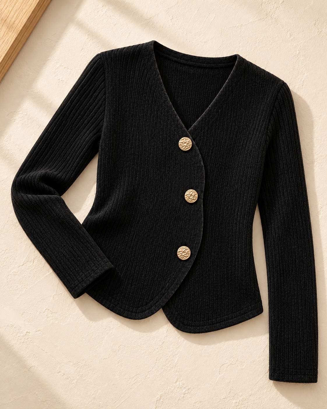 Asymmetric Button Knit Cardigan – black flatlay