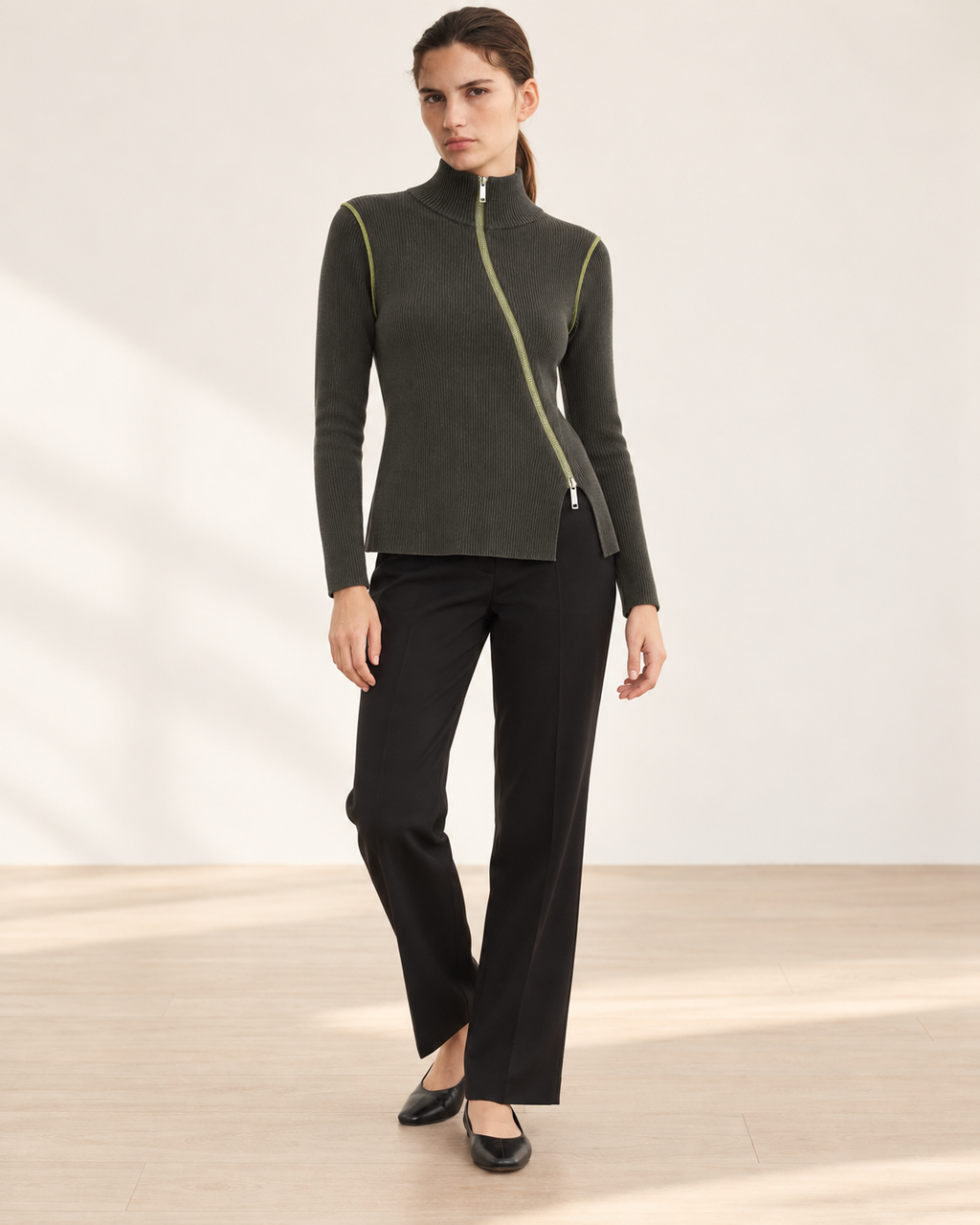 Asymmetric Zip Ribbed Top – full length hero