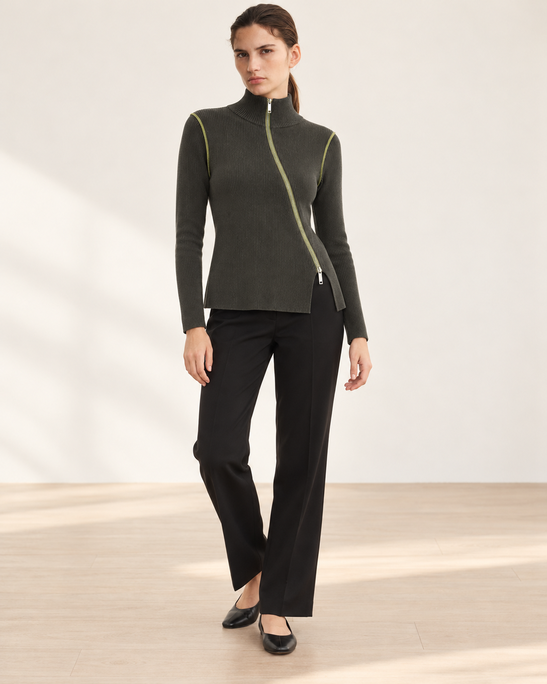 Asymmetric Zip Ribbed Top