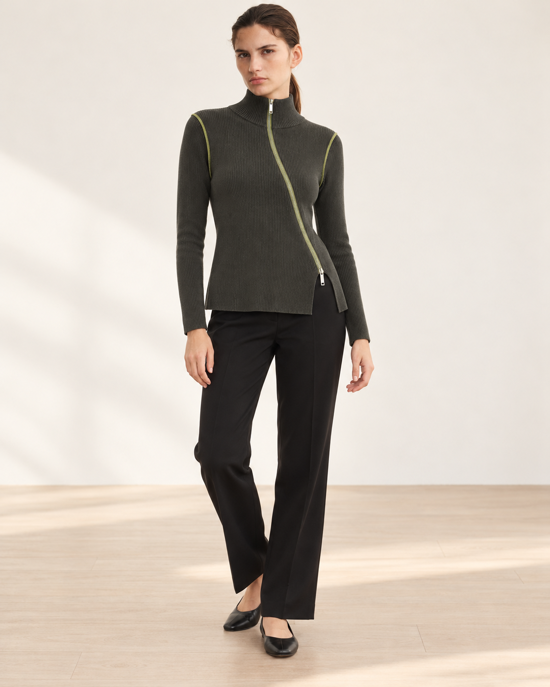 Asymmetric Zip Ribbed Top – full length hero