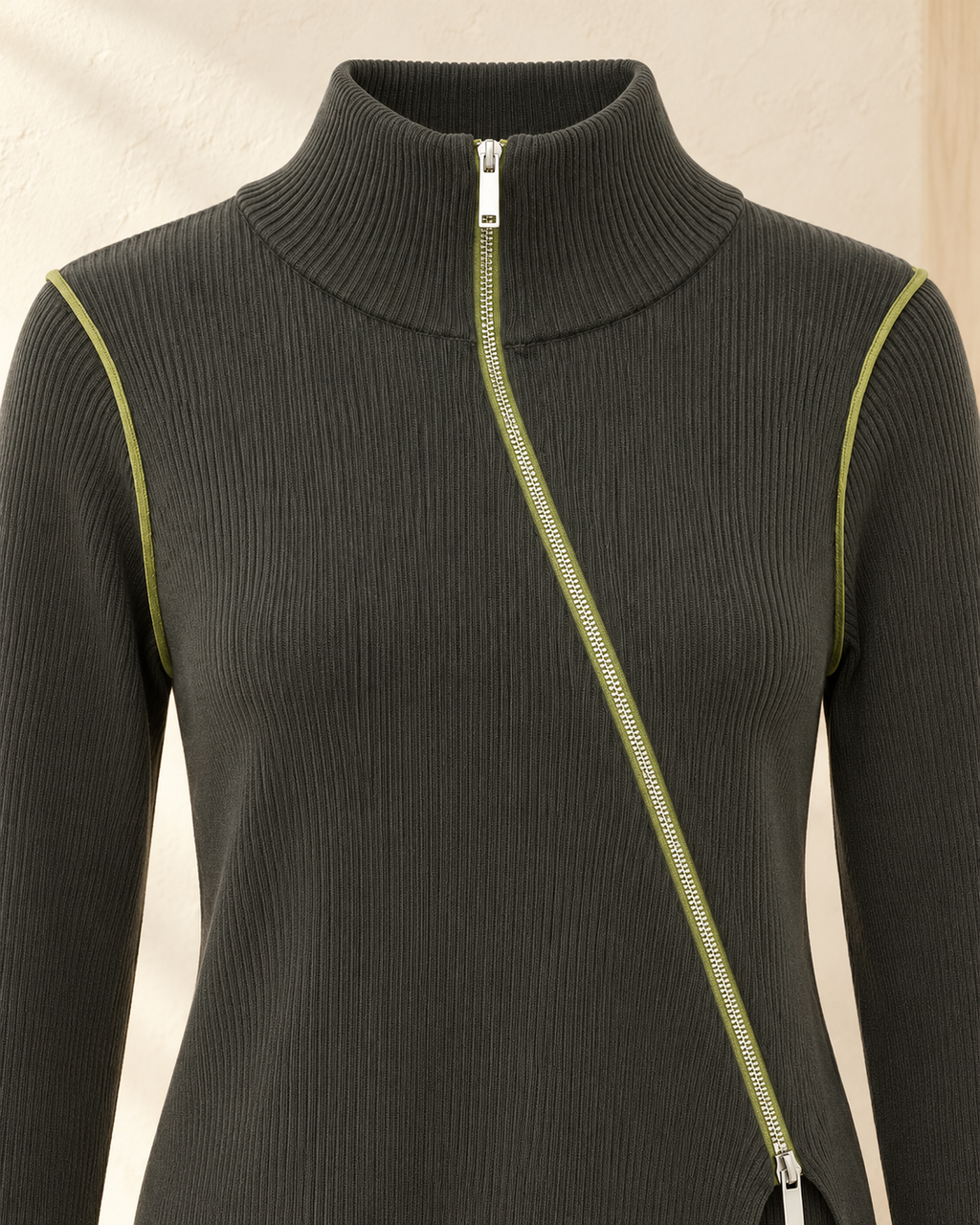 Asymmetric Zip Ribbed Top – collar zip detail