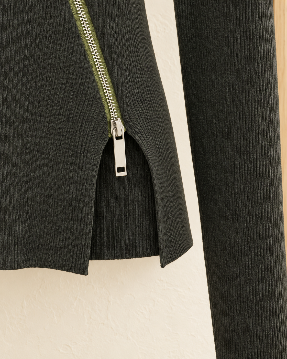 Asymmetric Zip Ribbed Top – lower zip detail
