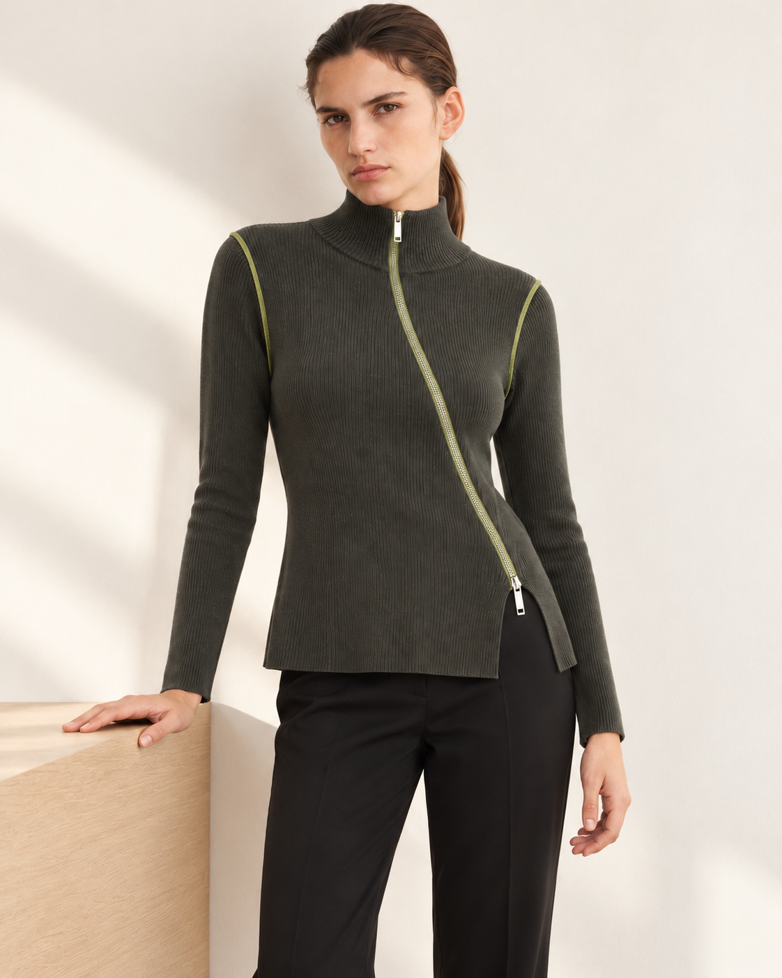 Asymmetric Zip Ribbed Top – styled close