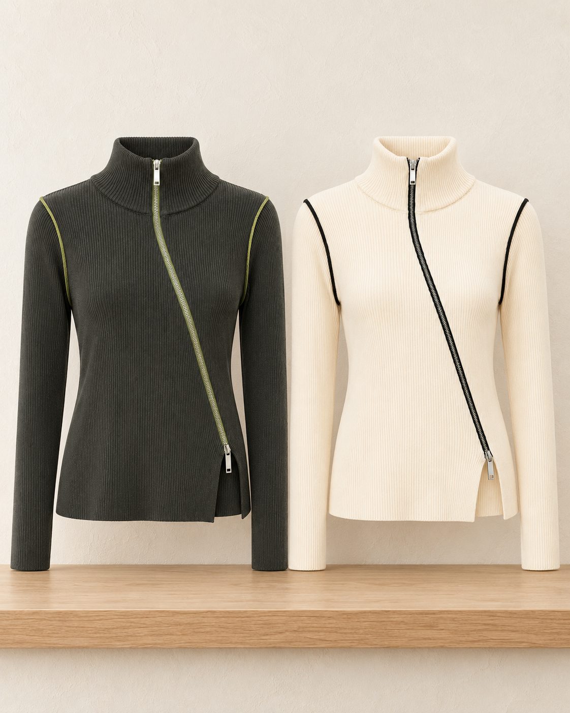 Asymmetric Zip Ribbed Top – real colours