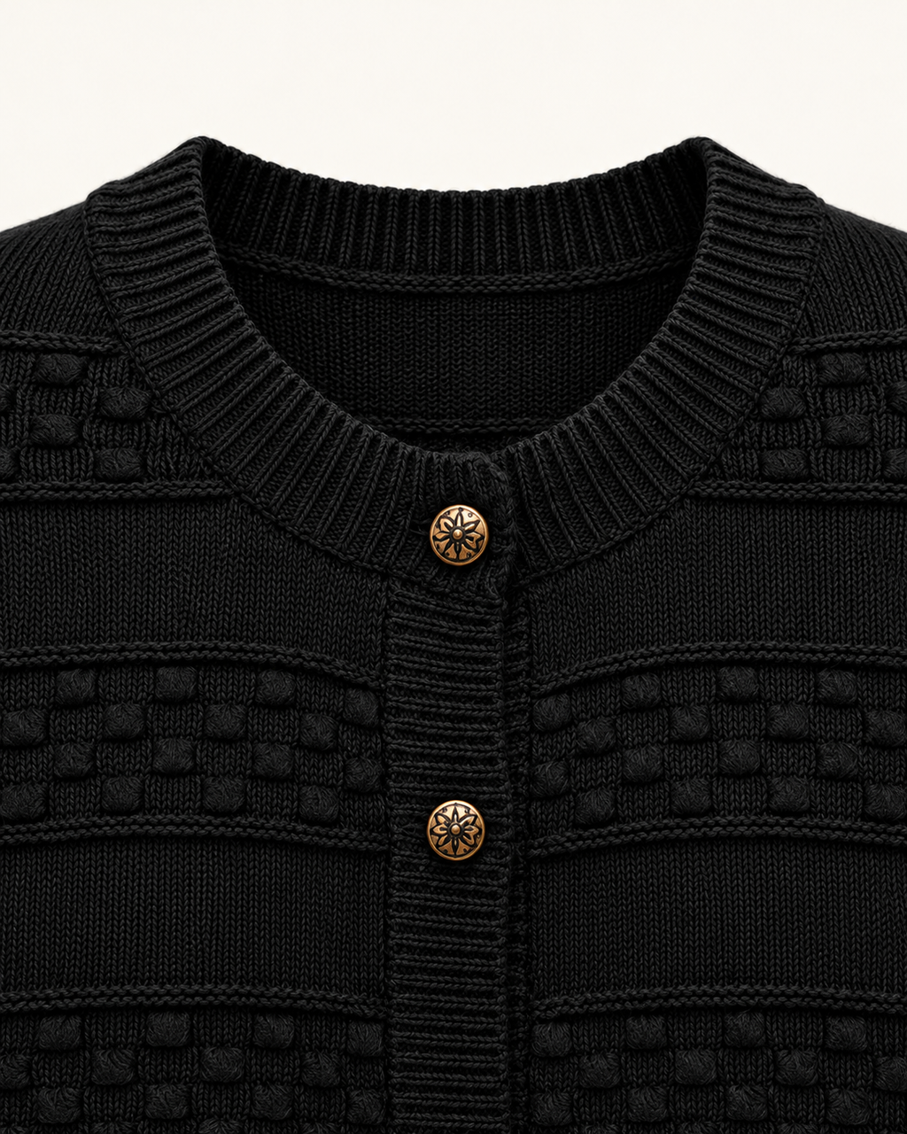 Basketweave Knit Cardigan – neck button detail