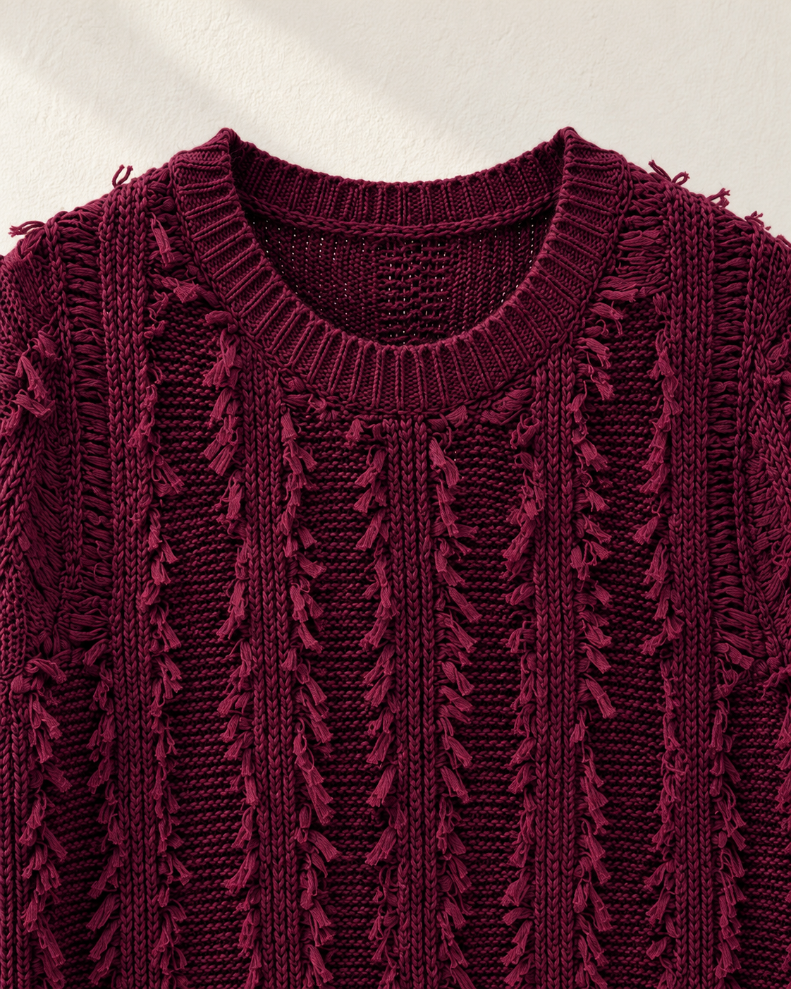 Bordeaux Fringe Knit – wine knit fringe detail