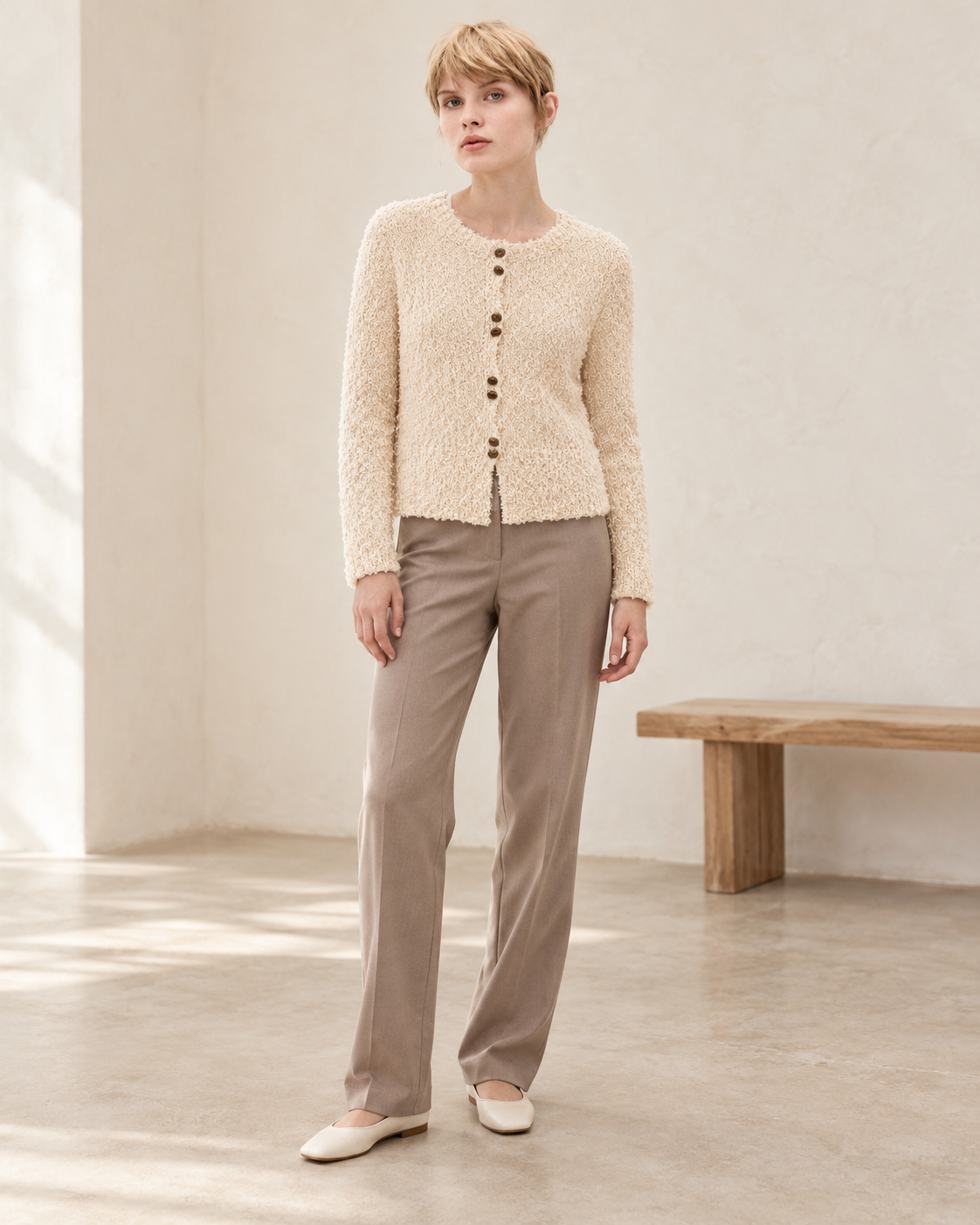 Bouclé Button Cardigan – model hero