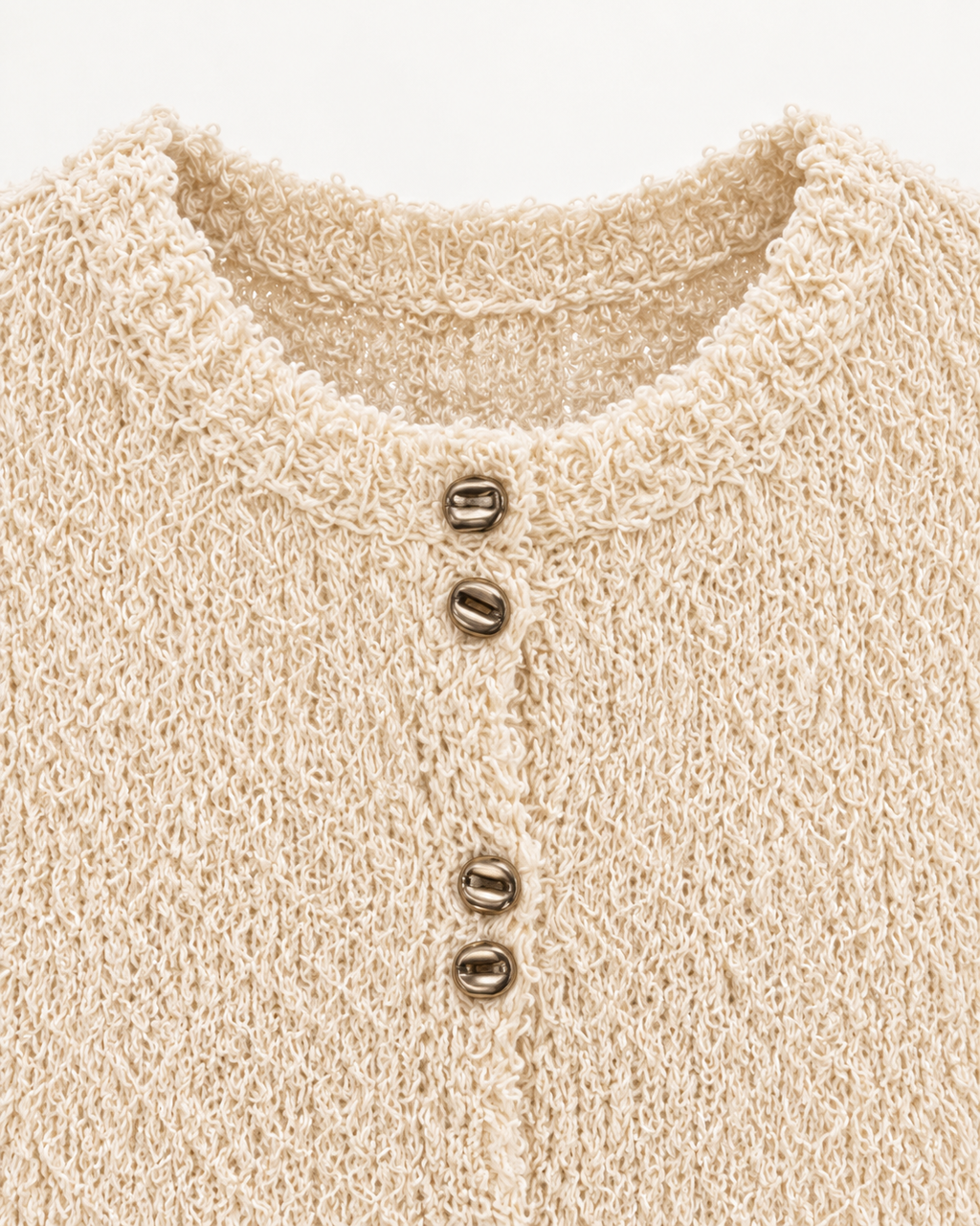 Bouclé Button Cardigan – neck paired button detail