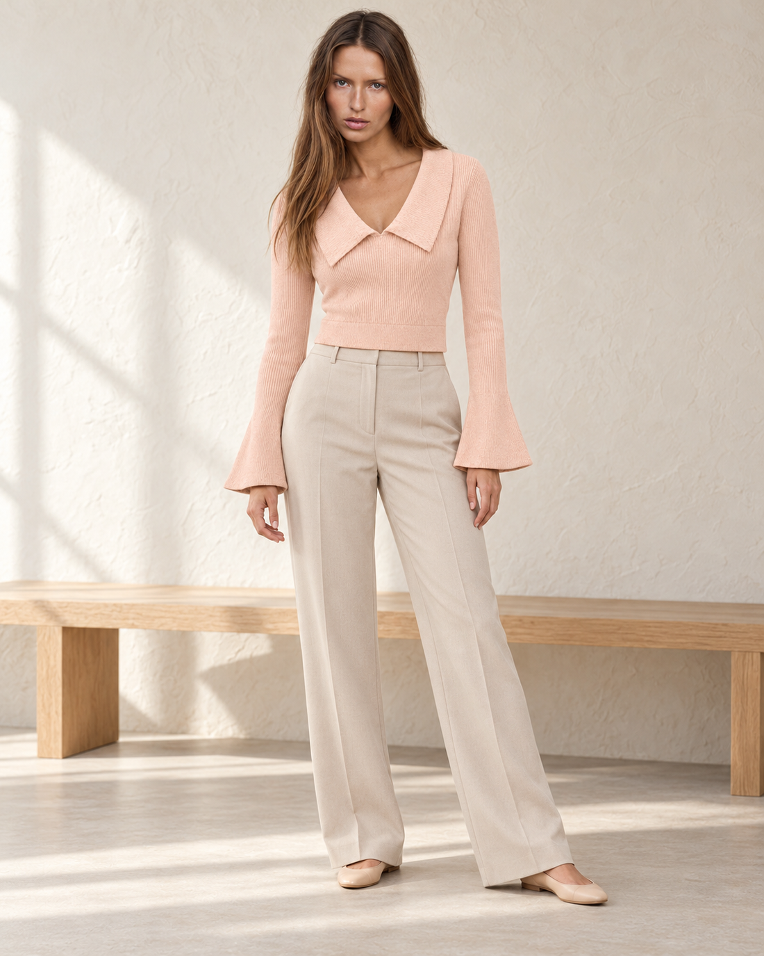 Collared Flare Sleeve Knit Top