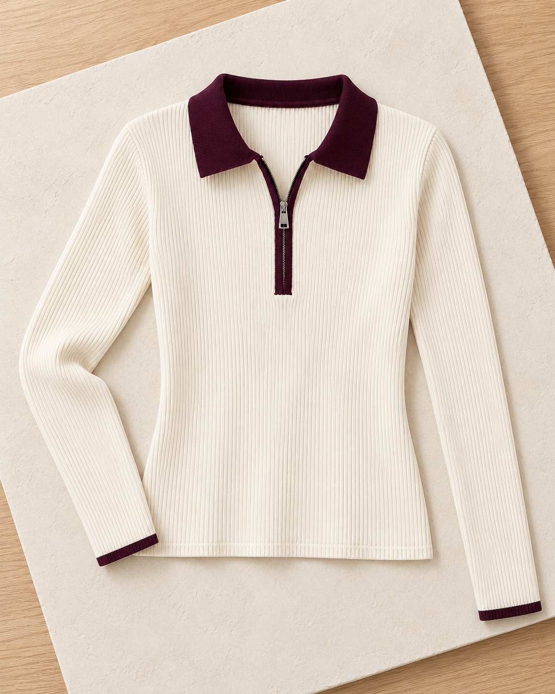 Contrast Collar Ribbed Knit Top – front flatlay