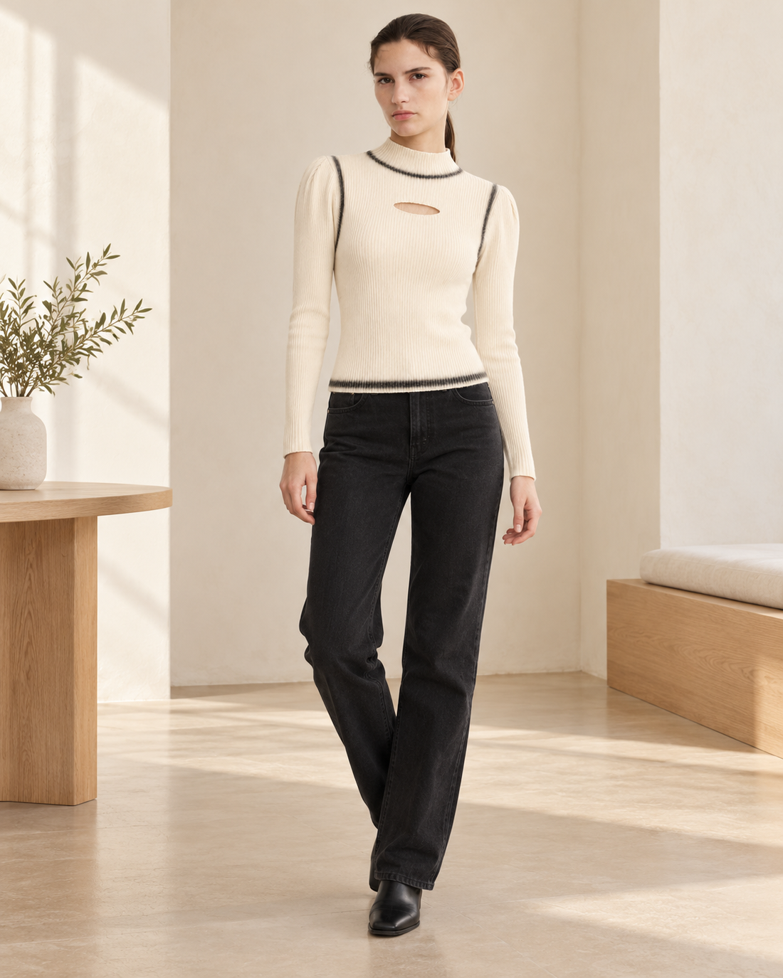 Contrast Trim Cut-Out Ribbed Top