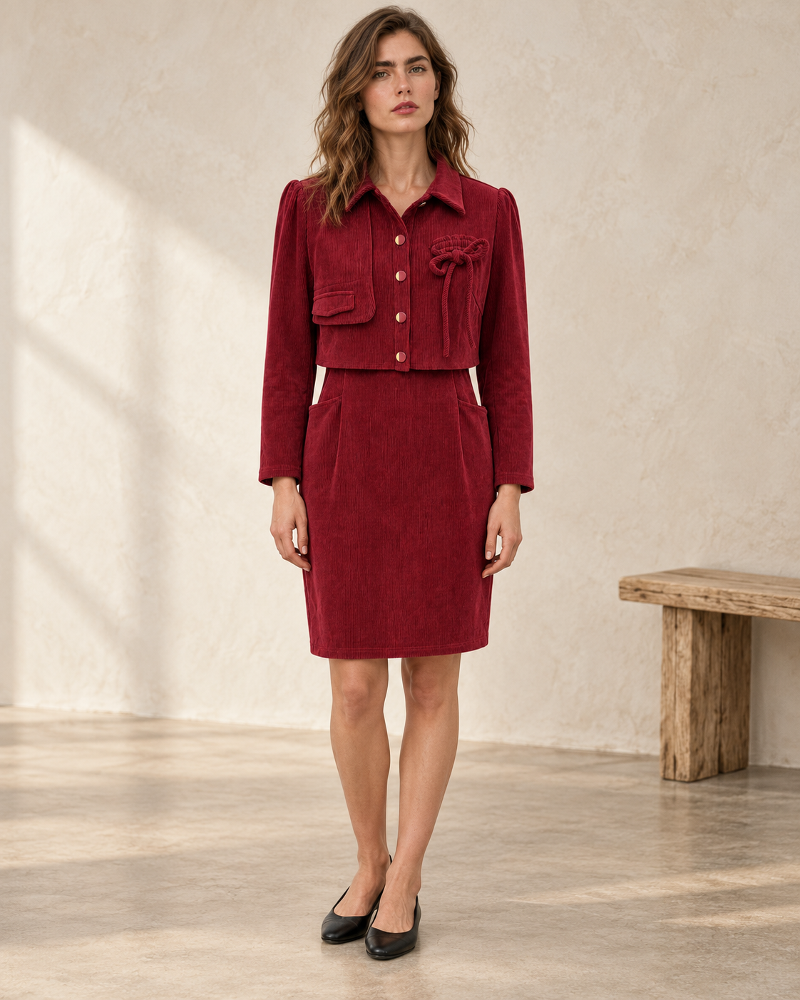 Corduroy Cropped-Jacket Style Dress – model hero
