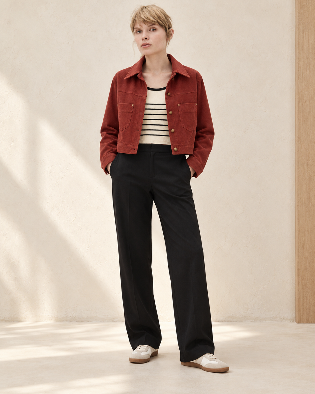 Corduroy Cropped Jacket with Knit Inner – model hero