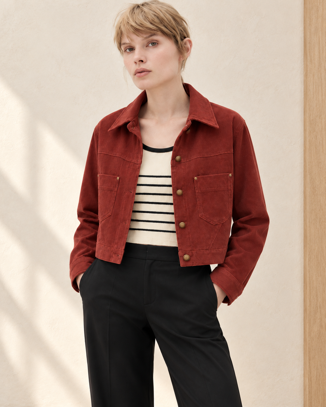 Corduroy Cropped Jacket with Knit Inner – model close