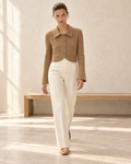 Cropped Collared Knit Cardigan – model hero camel