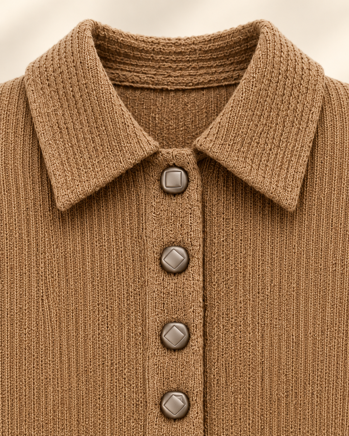 Cropped Collared Knit Cardigan – camel collar buttons detail