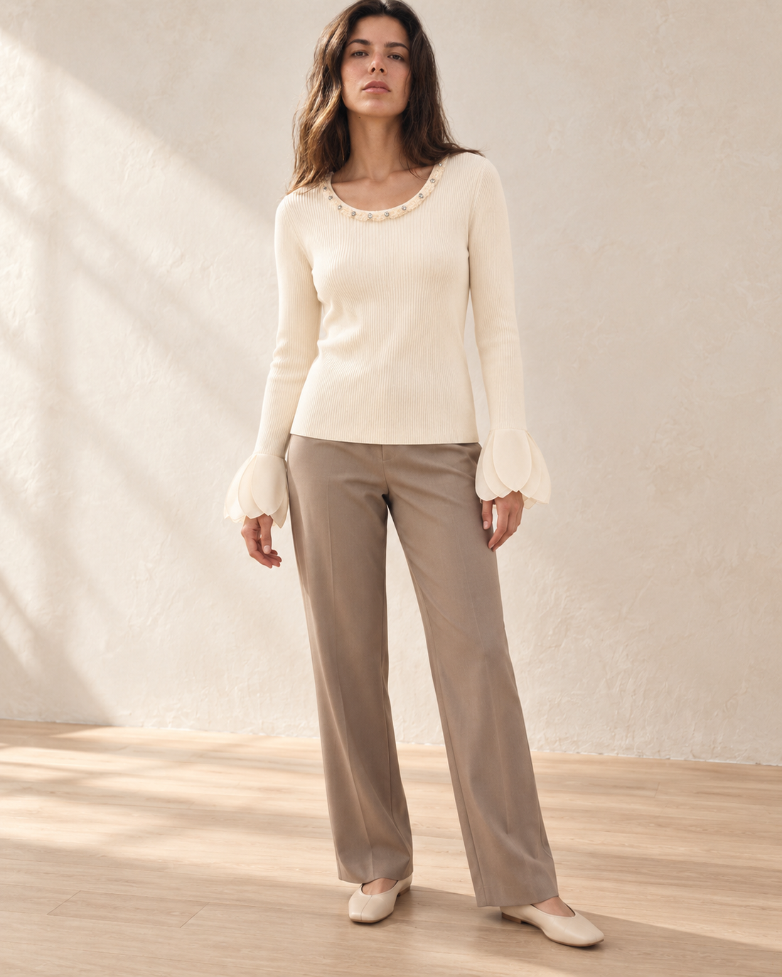 Embellished Cuff Ribbed Top