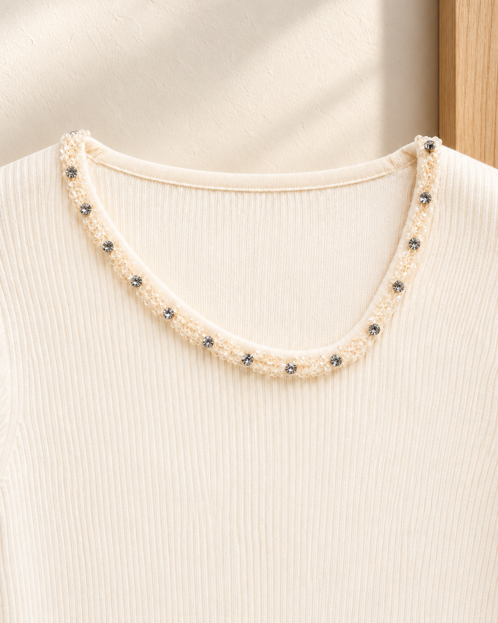 Embellished Cuff Ribbed Top – neckline detail