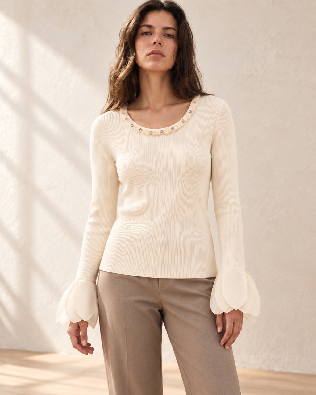 Embellished Cuff Ribbed Top – styled close
