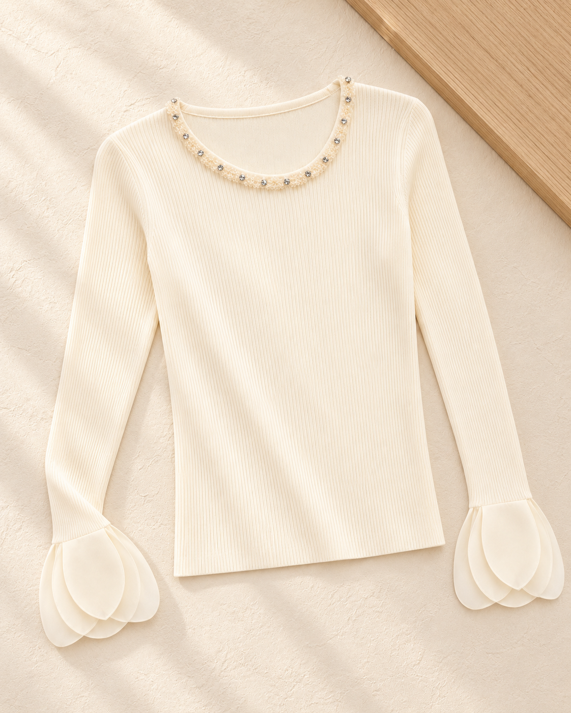 Embellished Cuff Ribbed Top – single colour flatlay