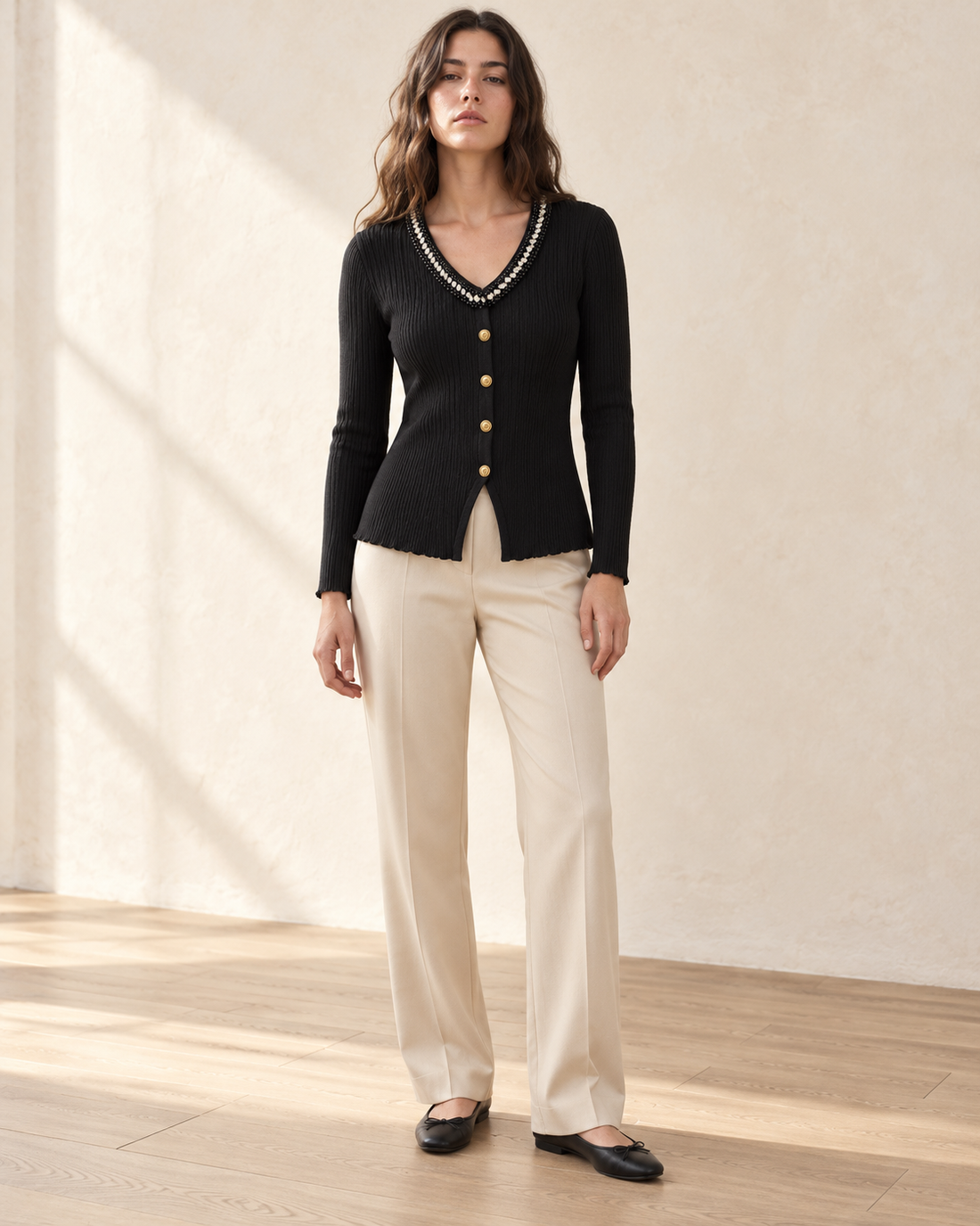 Embellished V-Neck Ribbed Top