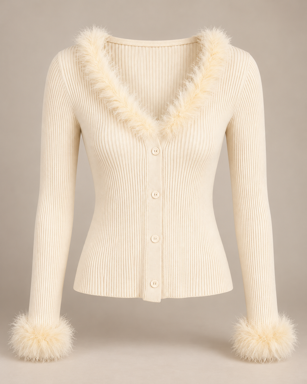 Faux Fur Trim Ribbed Top – cream product showcase