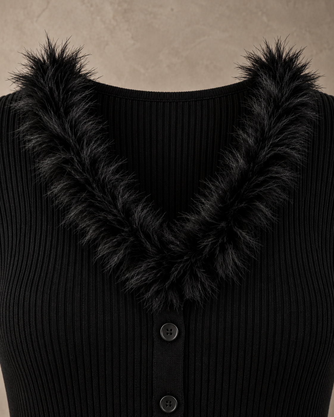 Faux Fur Trim Ribbed Top – black neckline detail