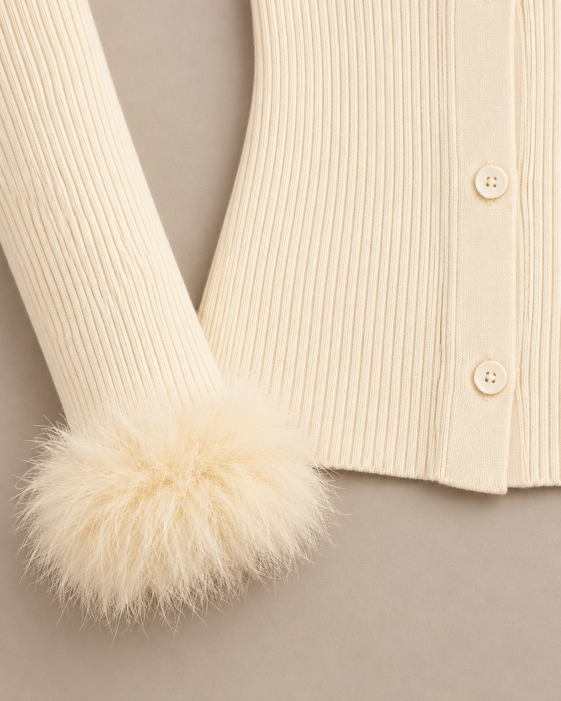 Faux Fur Trim Ribbed Top – cream cuff hem detail