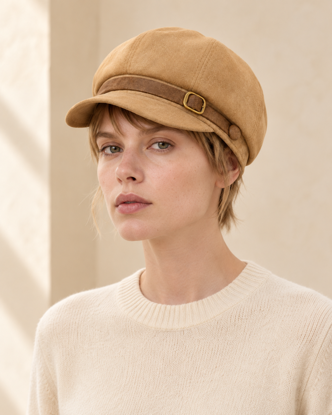 Faux Suede Baker Boy Cap – model close