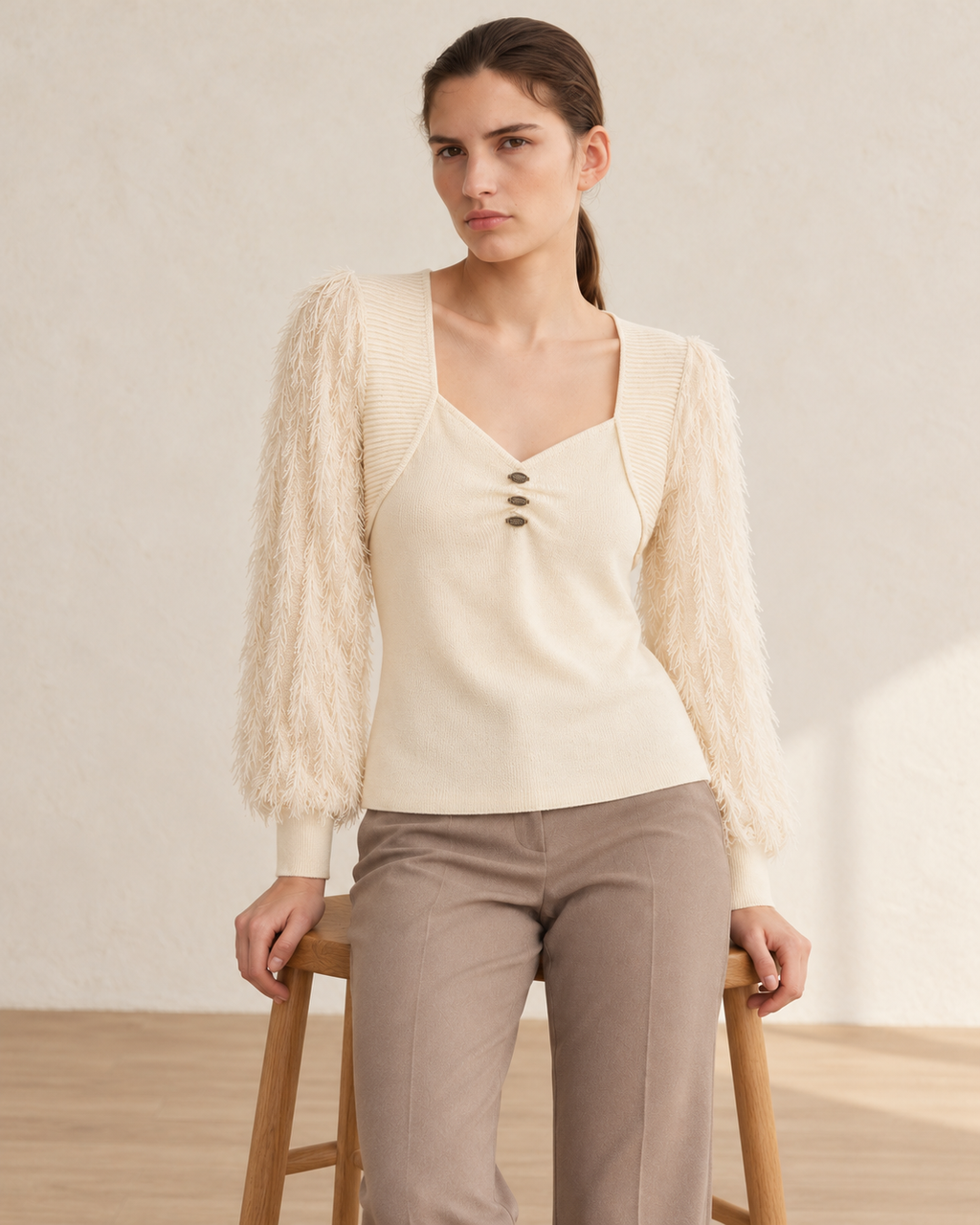 Feather Sleeve Knit Top – closer model