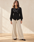 Floral Appliqué Wrap Knit Top – full length hero