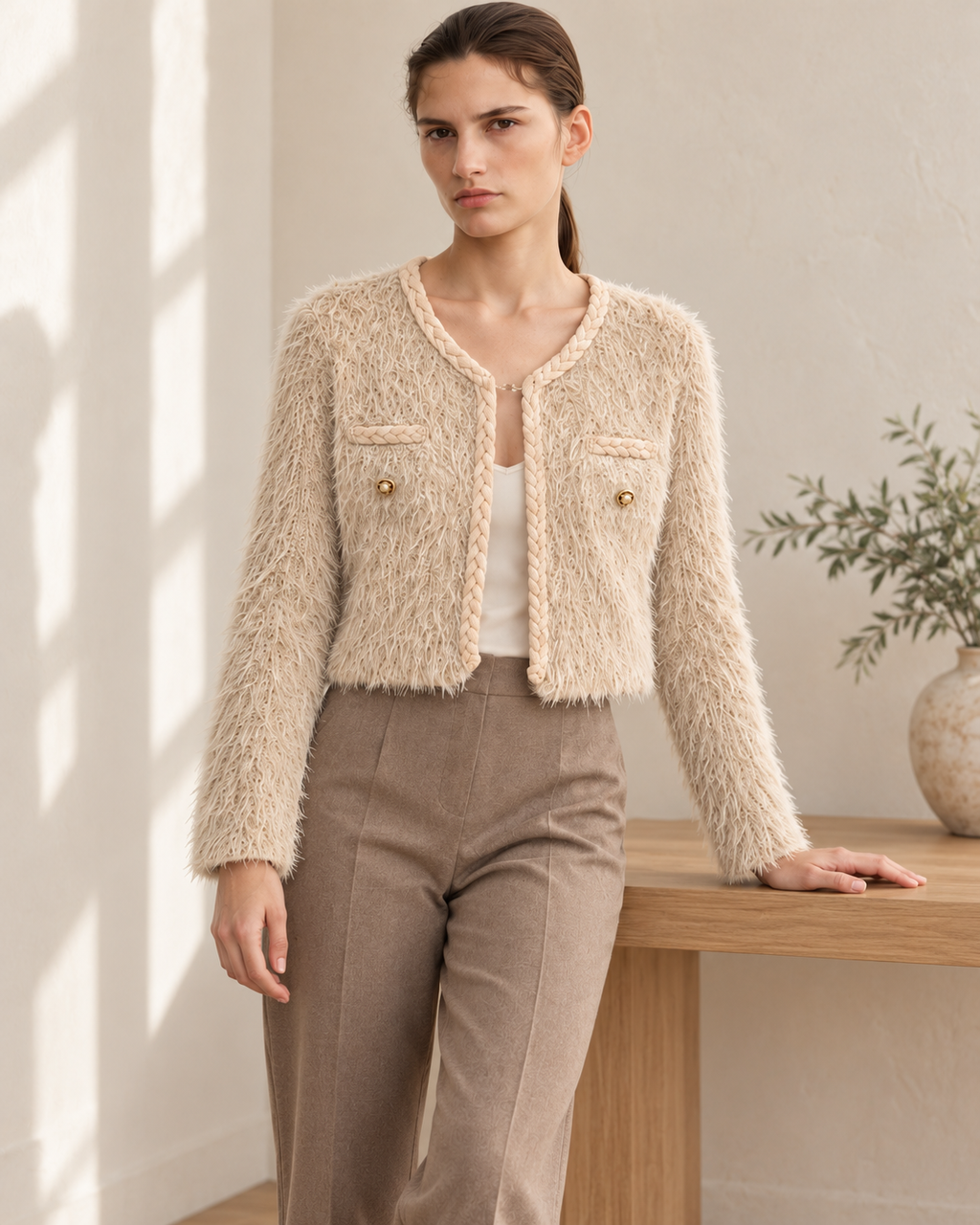 Fuzzy Crop Cardigan – styled model