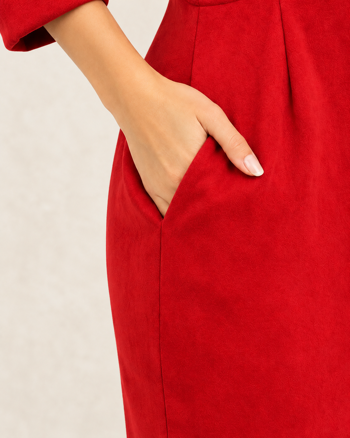 Gold Buckle Suede Midi Dress – pocket detail