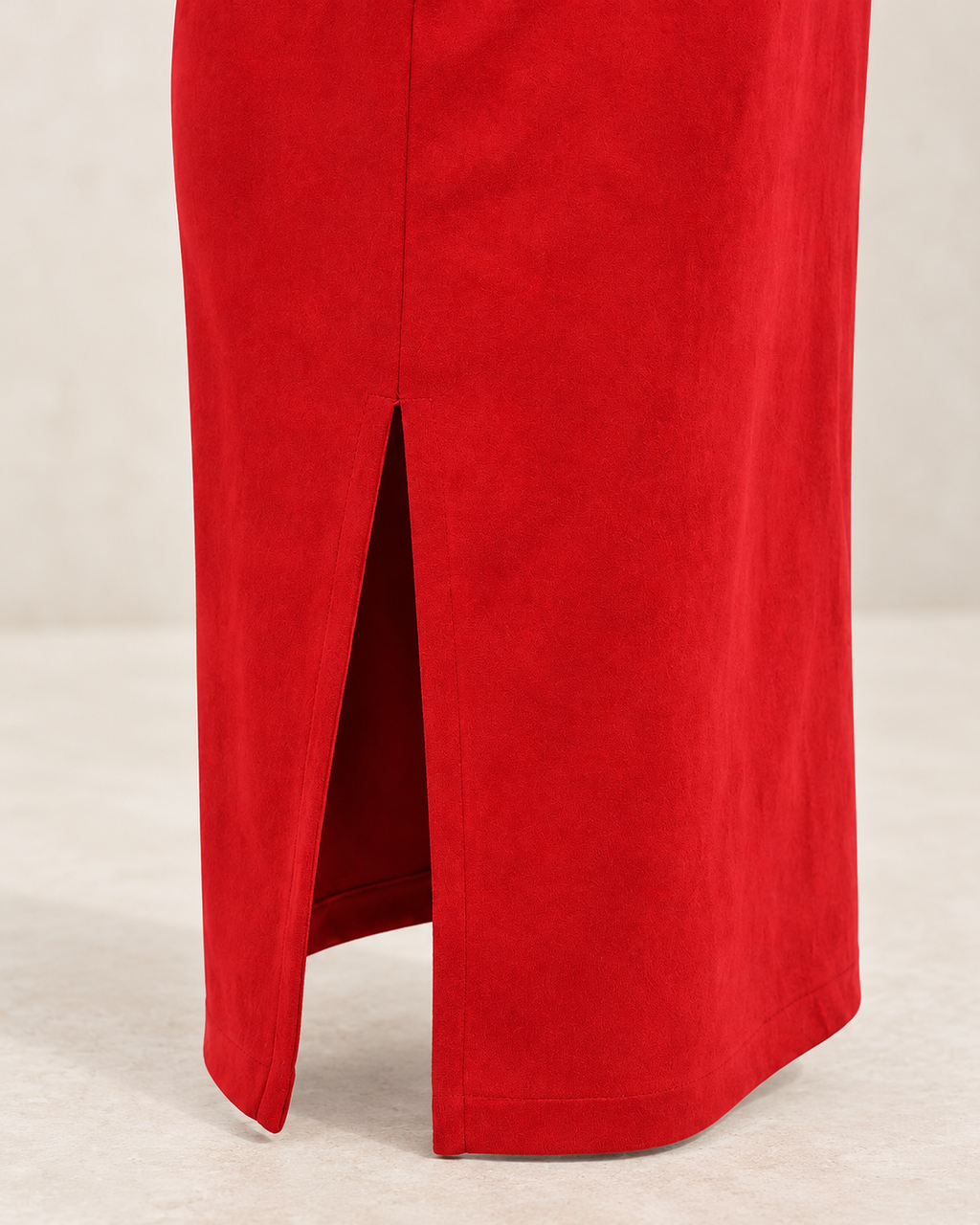 Gold Buckle Suede Midi Dress – hem vent detail