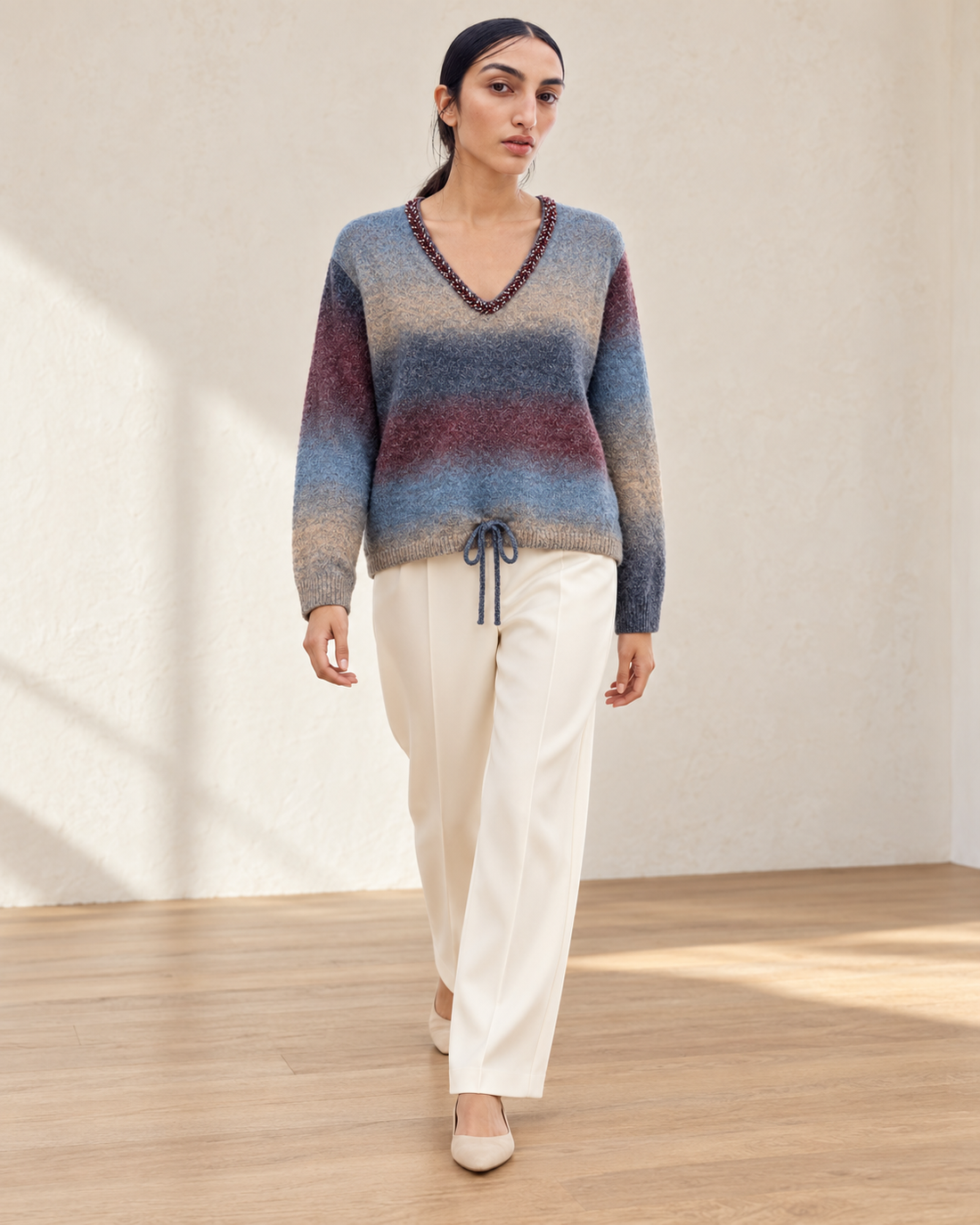 Gradient Drawstring Knit Pullover