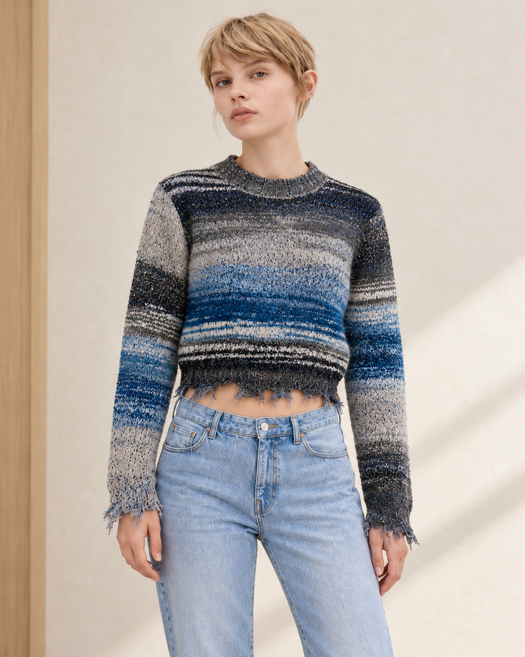 Gradient Fringe Knit Sweater – model close