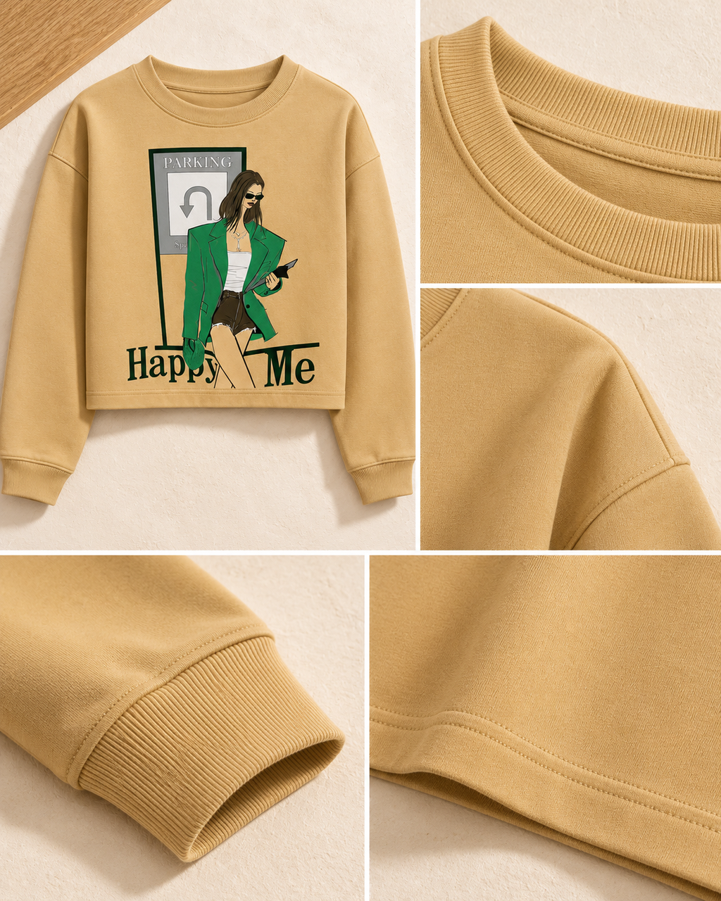 Graphic Cropped Sweatshirt – cuff neckline detail