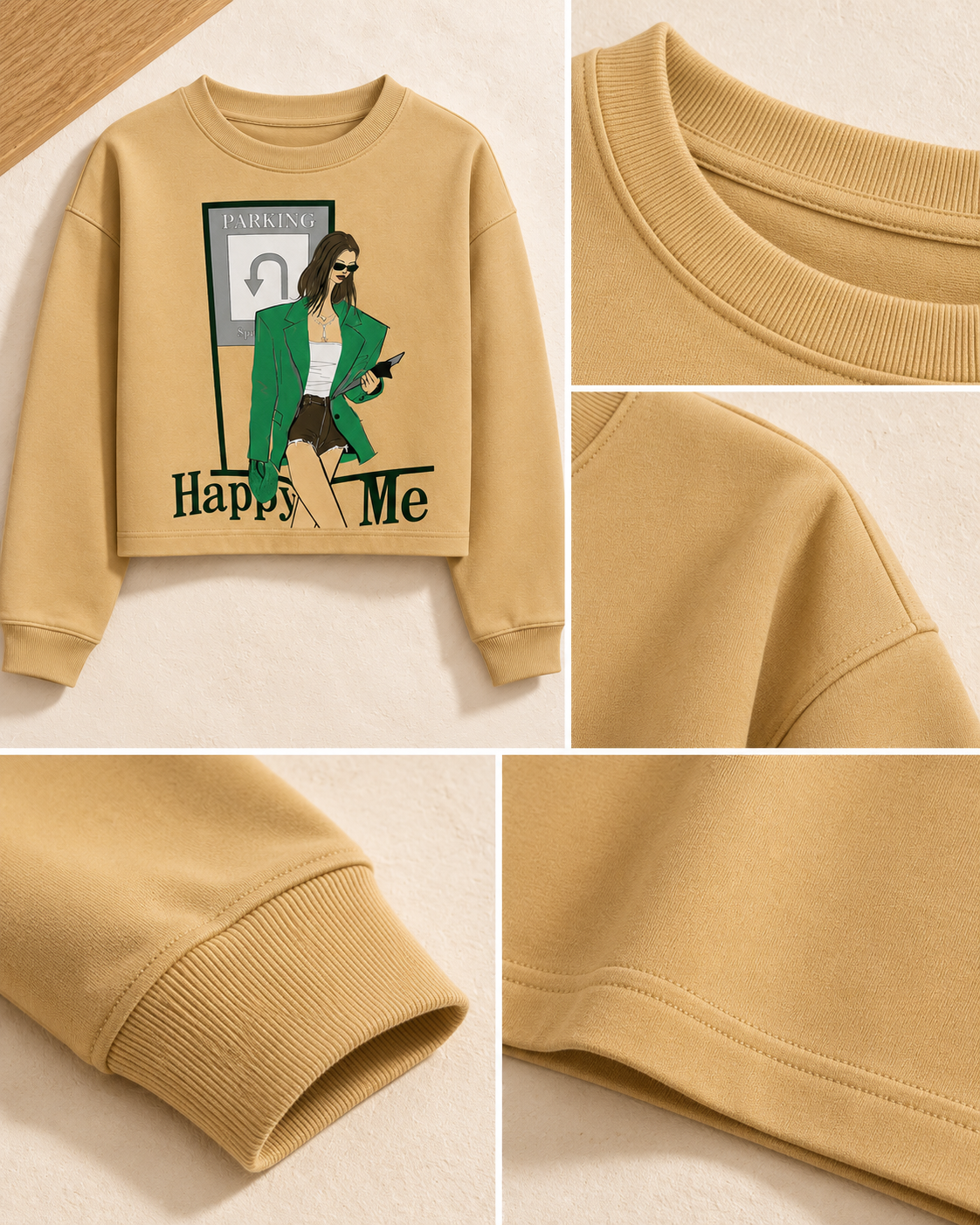 Graphic Cropped Sweatshirt – cuff neckline detail