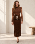Lace & Velvet Embellished Midi Dress – model hero