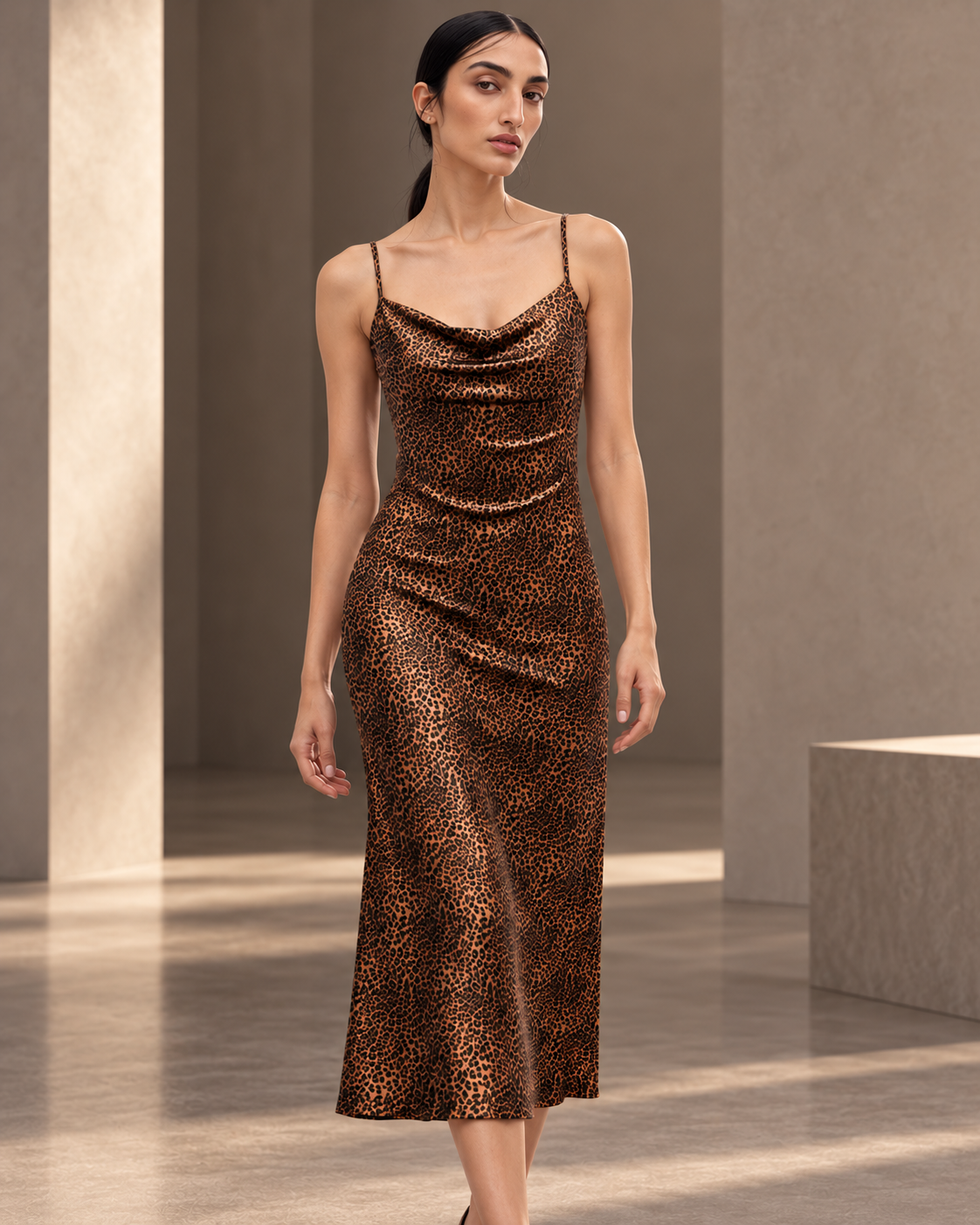 Leopard Cowl Midi Dress – styled close brown