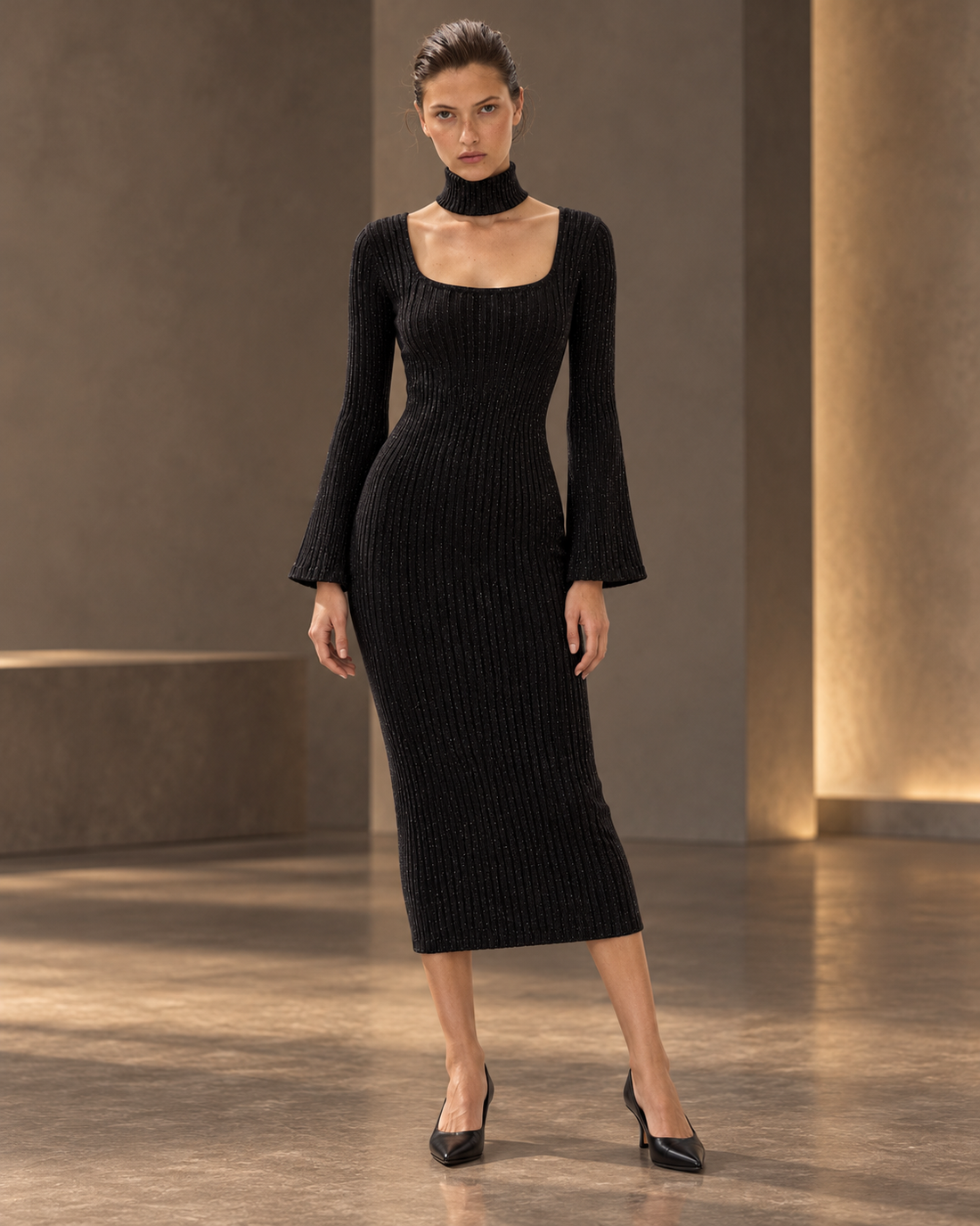 Noir Sculpt Knit Dress (Detachable TurtleNeck)