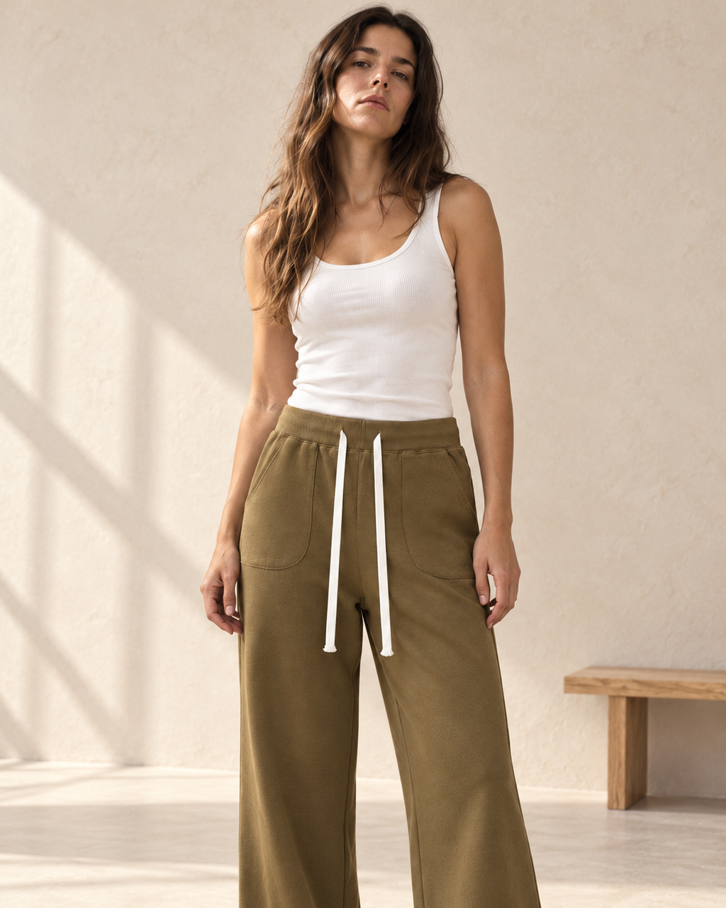 Olive Wide Leg Sweatpants – closer model