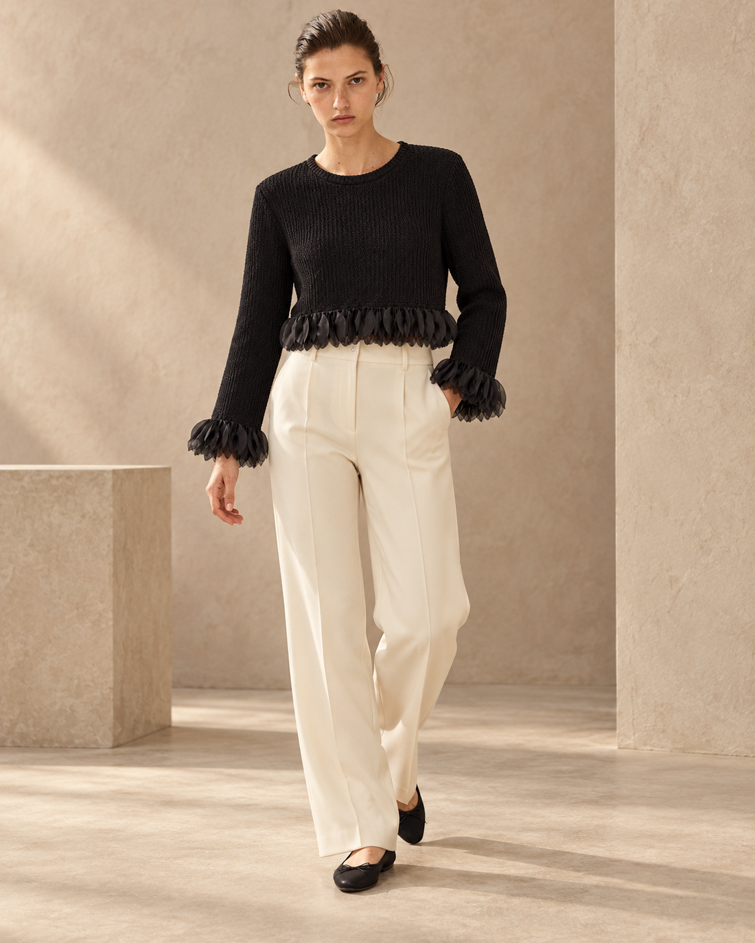 Organza Trim Cropped Knit Top