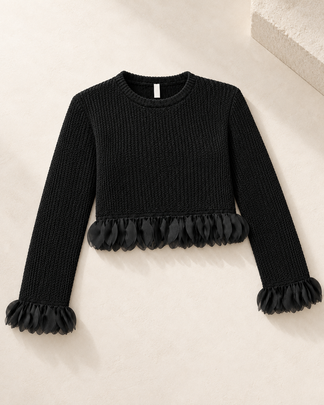 Organza Trim Cropped Knit Top – black flatlay