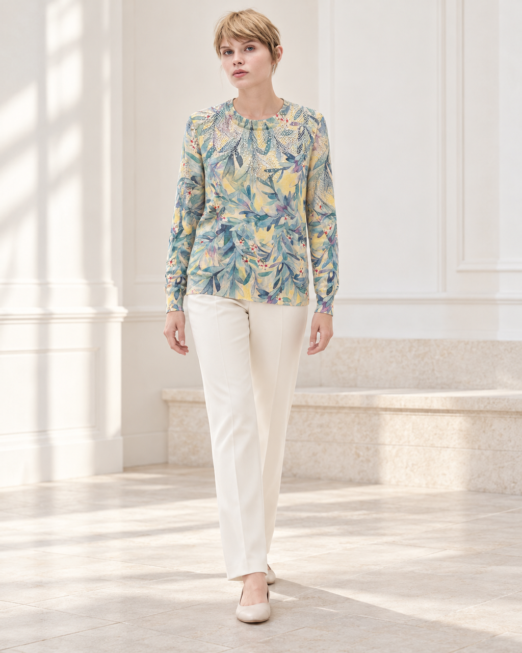 Overall Leaf Print Top – model hero