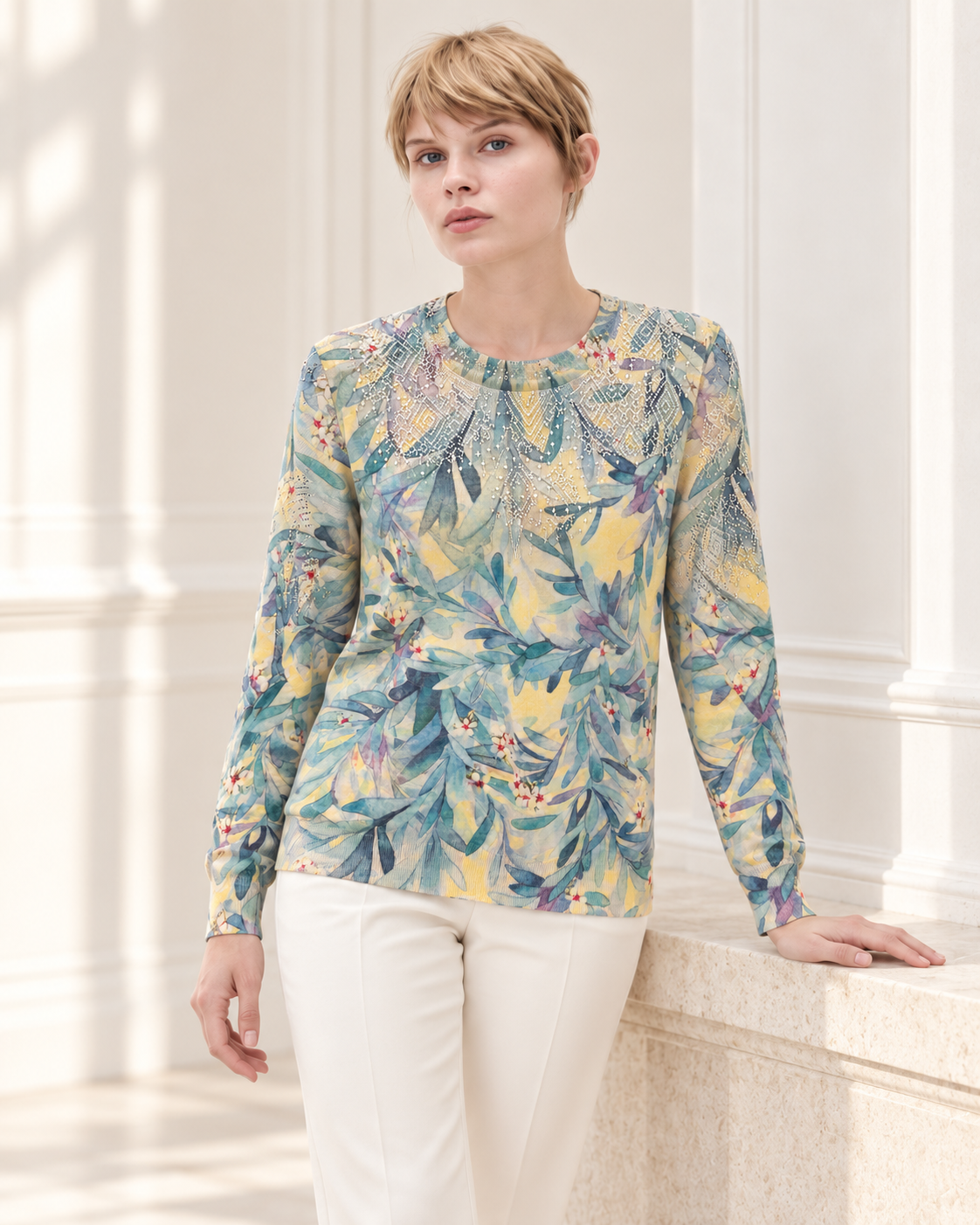 Overall Leaf Print Top – styled model