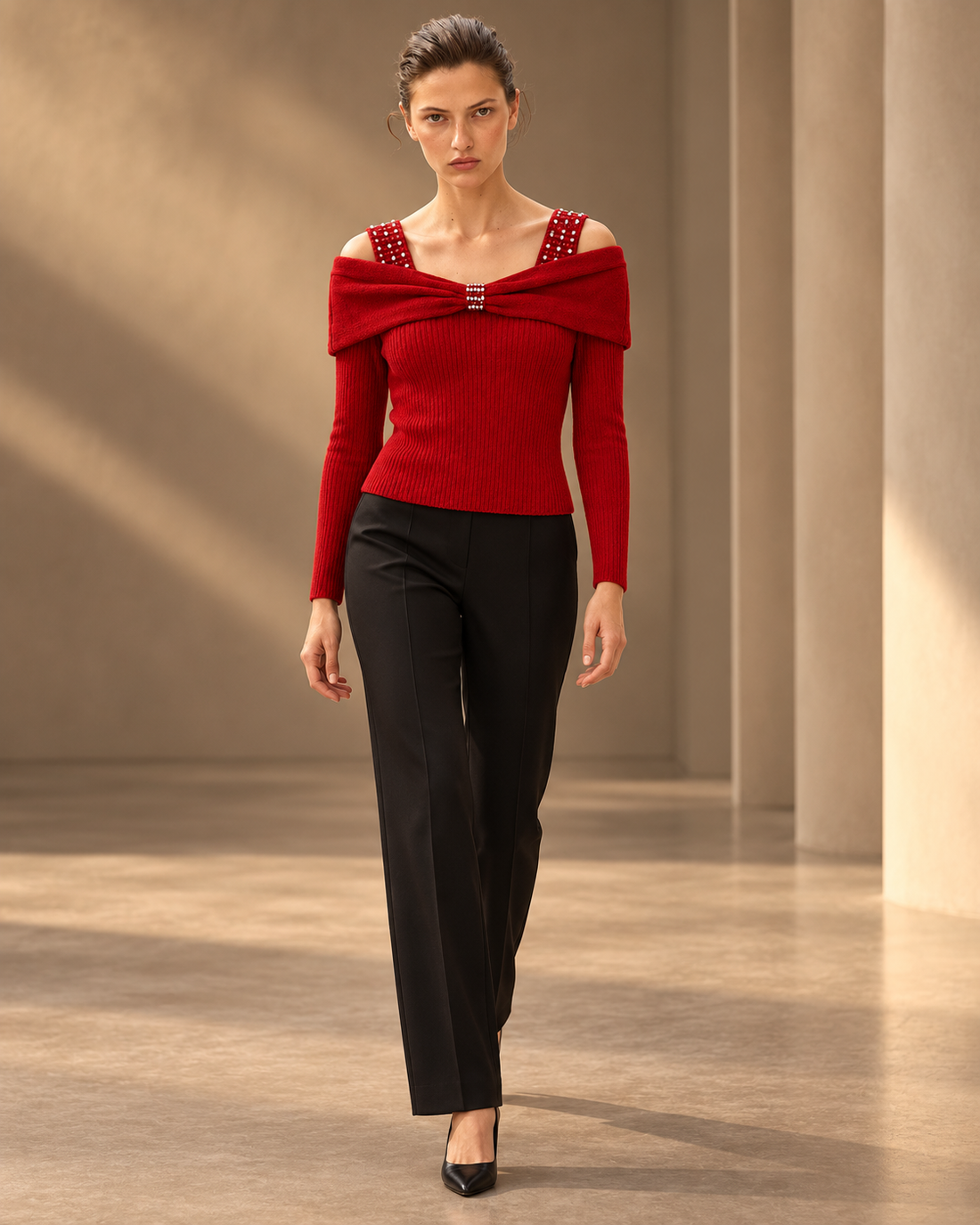 Rhinestone Bow Off-Shoulder Knit Top