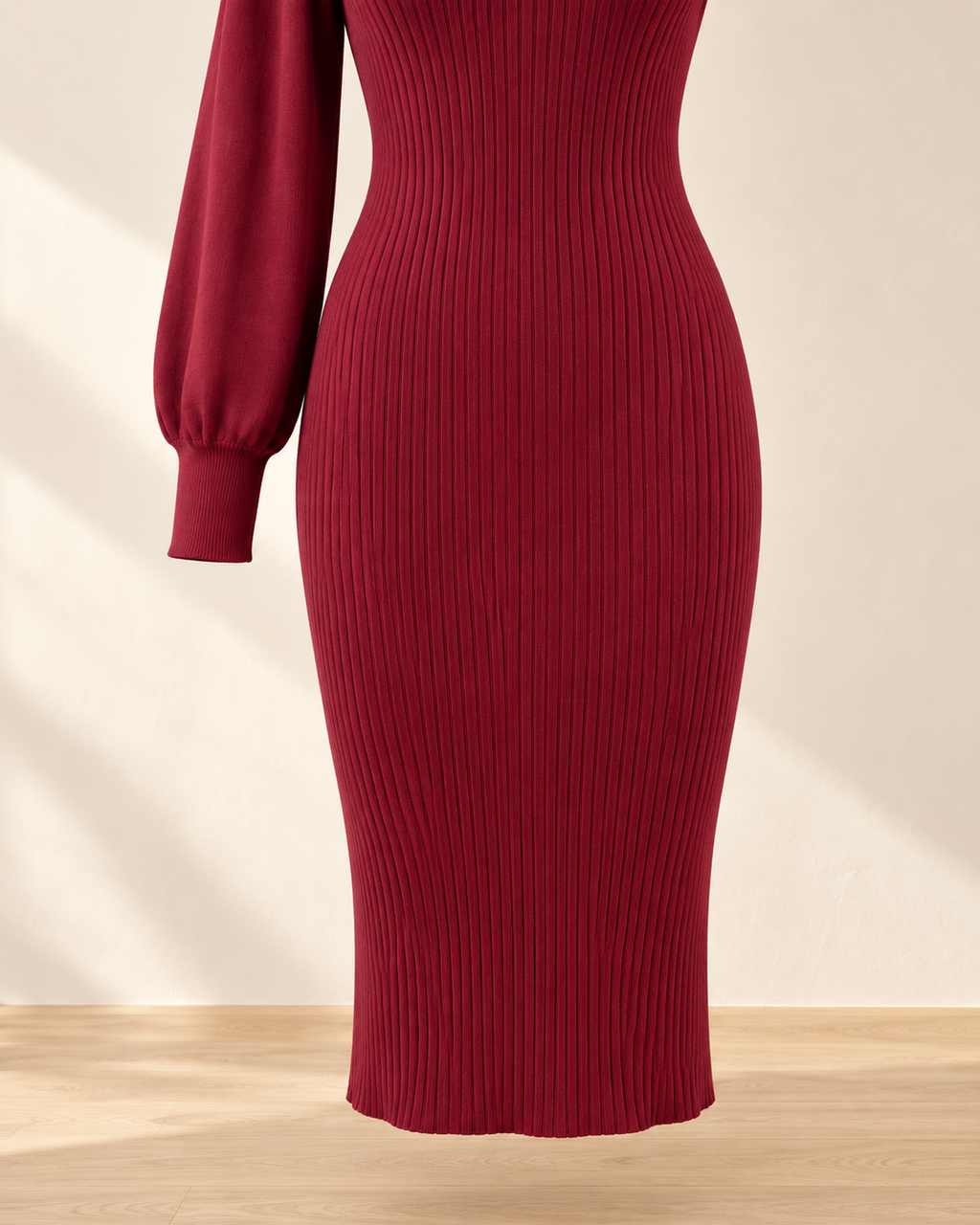 Ribbed Turtleneck Knit Dress – cuff hem detail