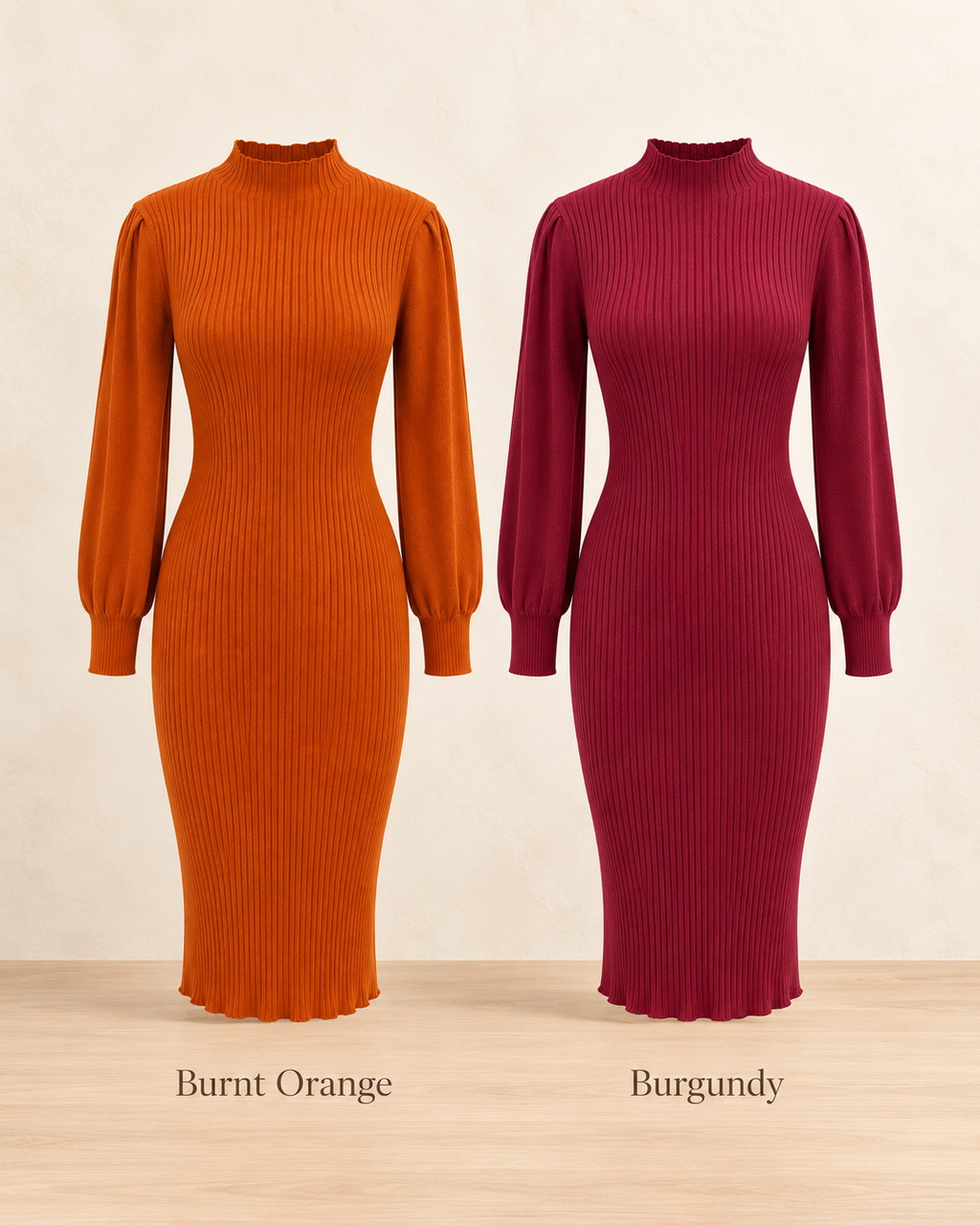 Ribbed Turtleneck Knit Dress – colour comparison